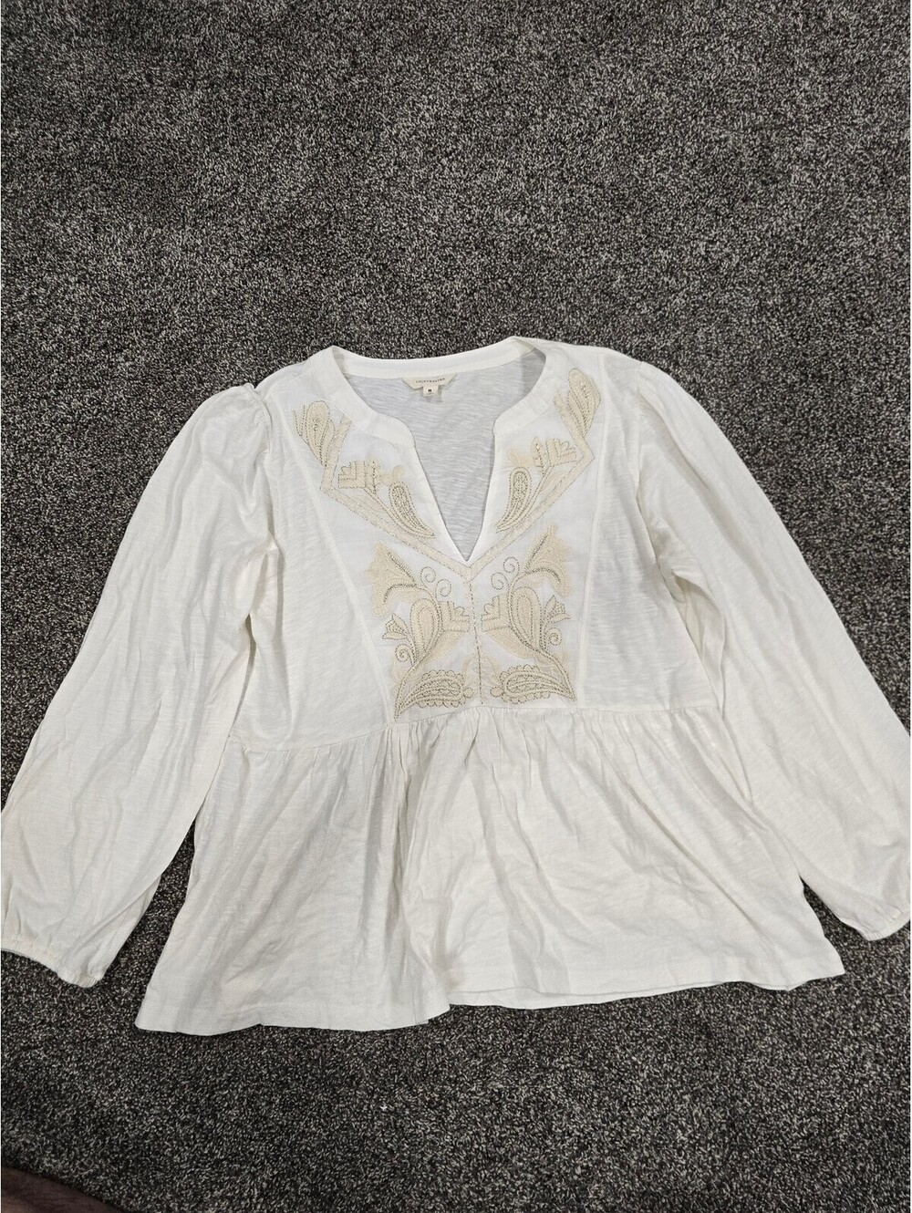 Lucky Brand White Embroidered Long Sleeve Peplum Top Size M